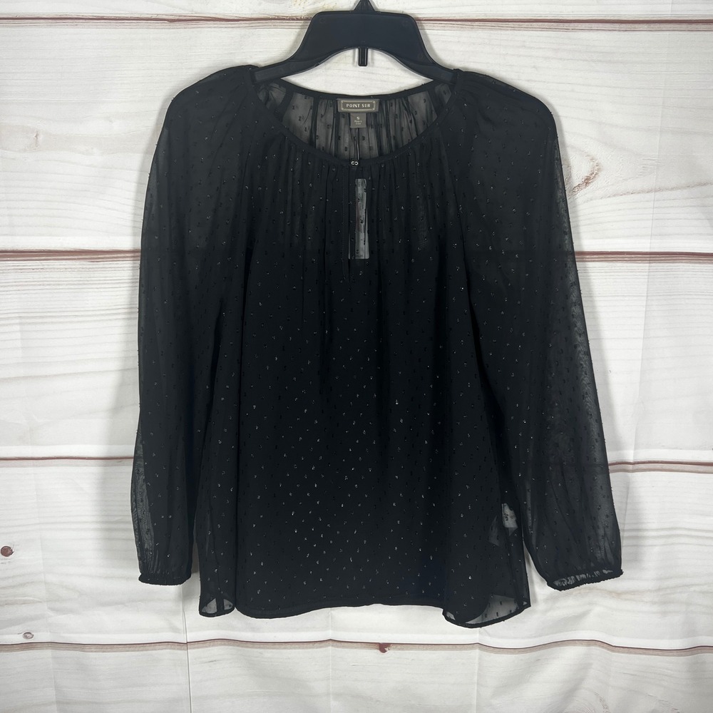 Point Sur J.Crew Blouse Womens Small Black Dotted Sheer Long Sleeve Top Lined